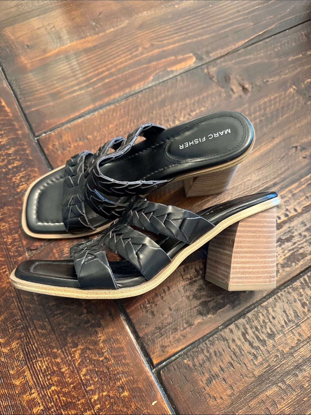 Marc Fisher Melita Black Woven Leather Block Heel Sandals, size 8.5